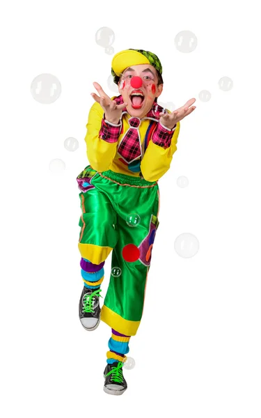 Veselý klaun v mýdlové bubliny — Stock fotografie