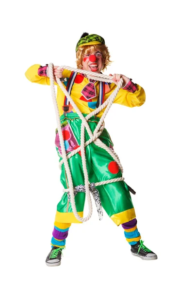 性格开朗的小丑弄糊涂在一根绳子 — 图库照片