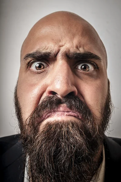 Hombre barbudo elegante con chaqueta y expresiones divertidas — Foto de Stock