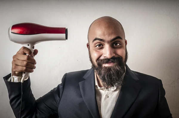 Homme barbu et veste avec coiffeur et expressions drôles — Photo