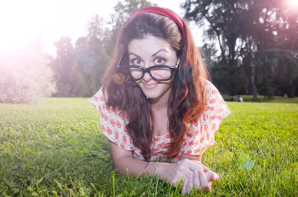 Girl with big glasses at the park — Stock Photo, Image