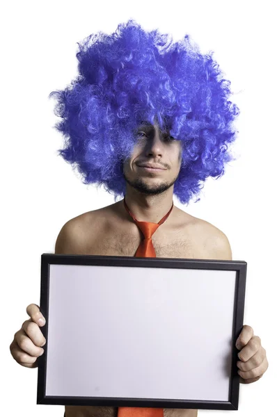 Crazy sexy guy with a blank white board in hand — Stock Photo, Image