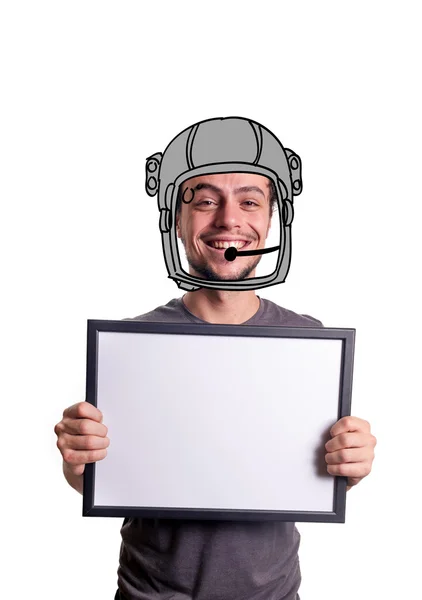 Fanny smiling guy showing sign with astronaut helmet — Stock Photo, Image