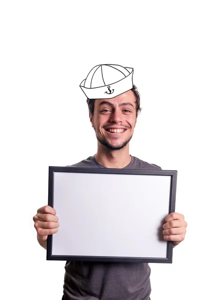Fanny smiling guy showing sign with sailor — Stock Photo, Image