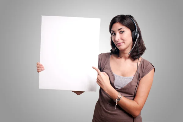 Portrait of happy smiling cheerful support phone operator holding board — Stock Photo, Image