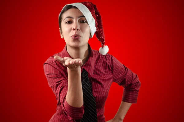 Smiling kissing business christmas girl — Stock Photo, Image