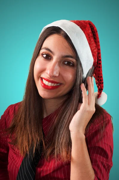 Sonriente negocio navidad chica en el teléfono — Foto de Stock