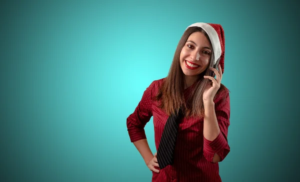 Uśmiechający się biznesu christmas dziewczyna na telefon — Zdjęcie stockowe