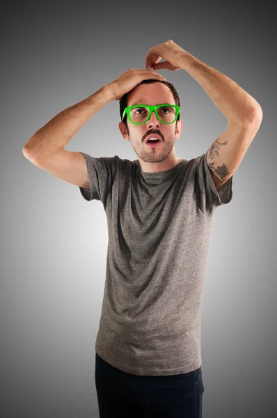 Guy with green eyeglasses and mustache — Stock Photo, Image