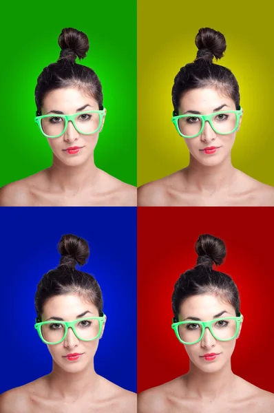 Zestaw z piękna dziewczyna w okularach zielonych hipster na kolorowe tła — Zdjęcie stockowe