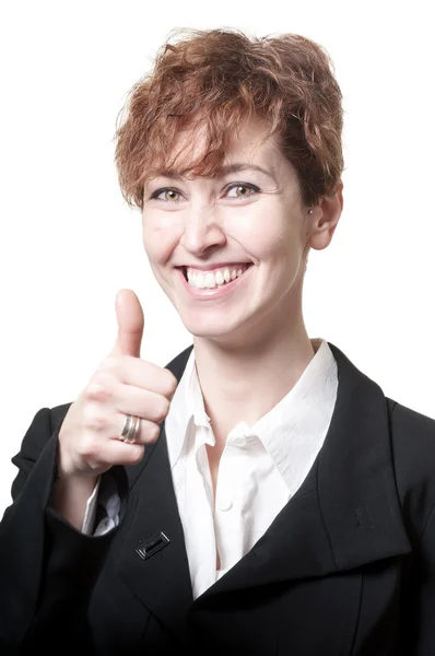 Sorrindo sucesso cabelo curto mulher de negócios fazendo ok — Fotografia de Stock