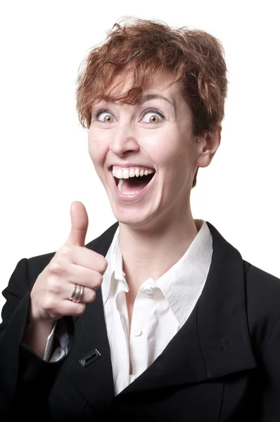 Uśmiechający się sukces krótkie włosy biznes kobieta robi ok — Zdjęcie stockowe