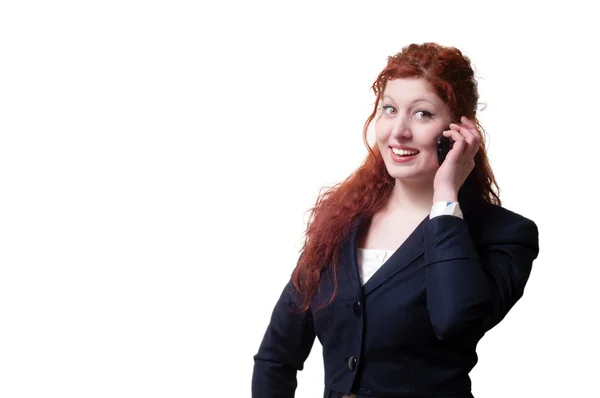 Éxito mujer de negocios con el pelo largo y rojo con teléfono —  Fotos de Stock