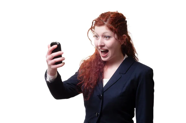 Éxito mujer de negocios con el pelo largo y rojo con teléfono — Foto de Stock