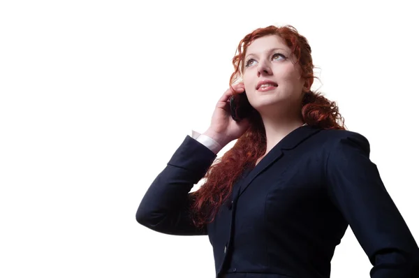 Success business woman with long red hair with phone — Stock Photo, Image