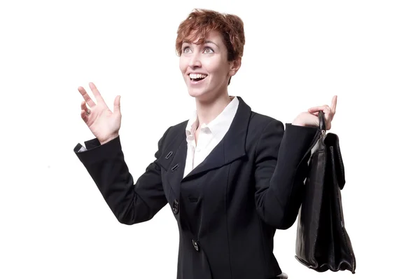 ブリーフケースを使って幸せなビジネスの女性 — ストック写真