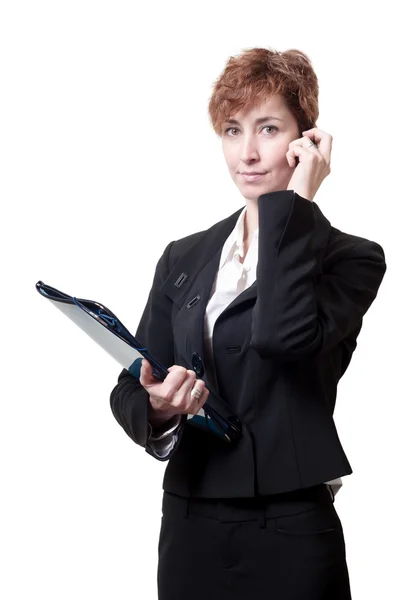 Mulher de negócios de sucesso com pasta e telefone — Fotografia de Stock