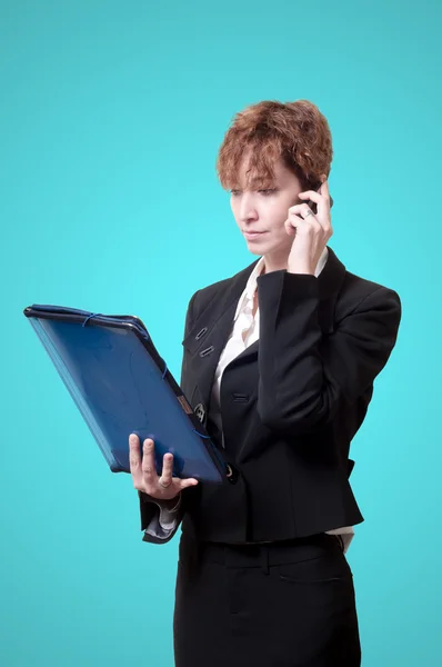 Success business woman with briefcase and phone — Stock Photo, Image