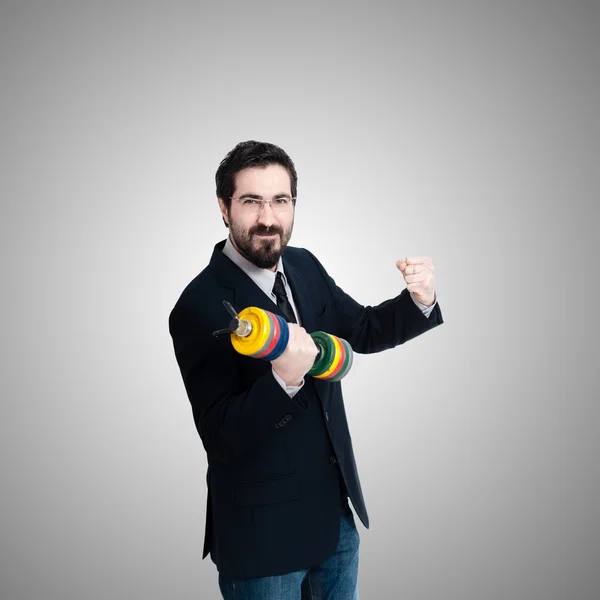 Strong business man with weight gym — Stock Photo, Image