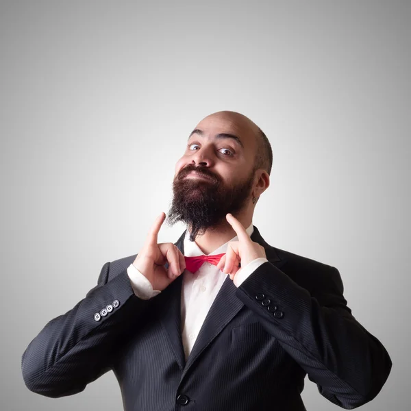 Смешной бородатый элегантный мужчина с папиллоном — стоковое фото
