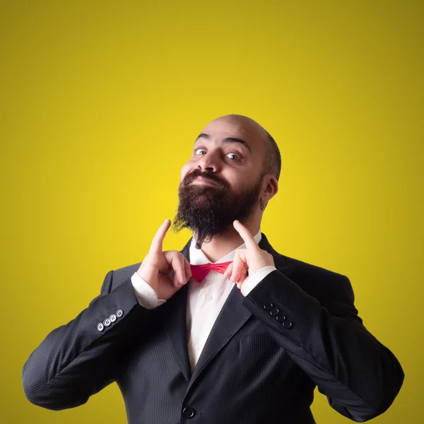 Смешной бородатый элегантный мужчина с папиллоном — стоковое фото