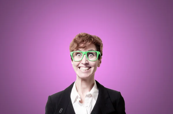 Funny business woman with green eyeglasses — Stock Photo, Image