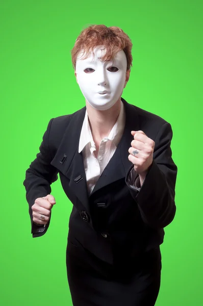 Biznes kobieta z białą maskę — Zdjęcie stockowe