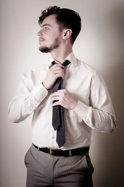 Sexy stylish businessman adjusting tie — Stock Photo, Image