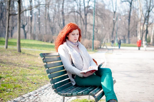 Hermosa cabeza roja joven mujer leyendo libro —  Fotos de Stock