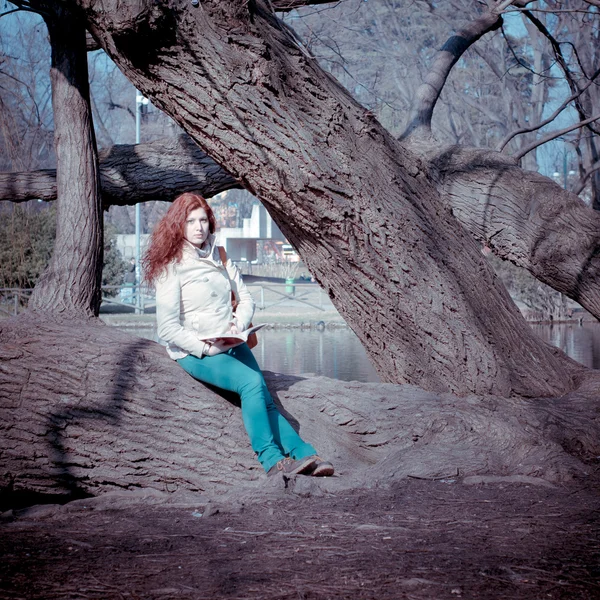 Bella testa rossa giovane donna lettura libro — Foto Stock