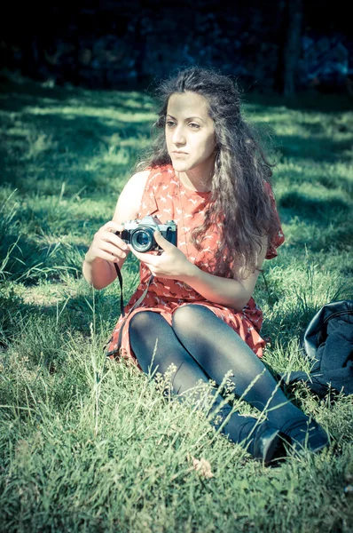 Hipster vintage woman with old camera — Stock Photo, Image