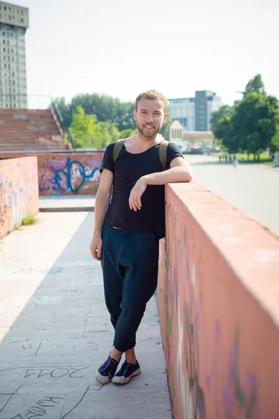 Hipster modern stylish blonde man with phone — Stock Photo, Image