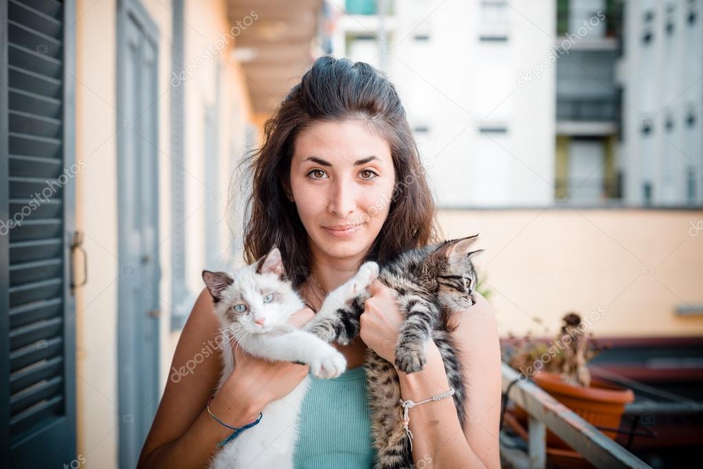 beautiful woman with cats