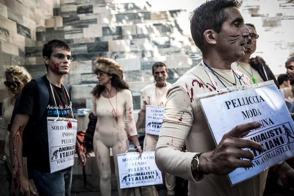 Animalisti italiani protesta por semana de la moda de Milán en septem — Stockfoto
