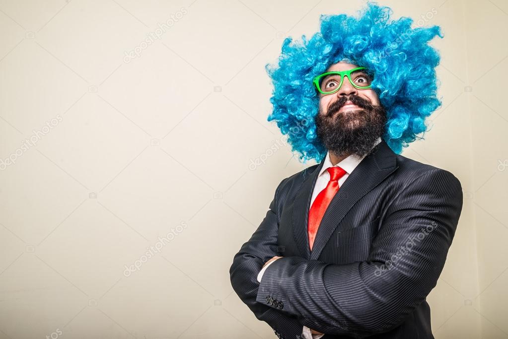 crazy funny bearded man with blue wig