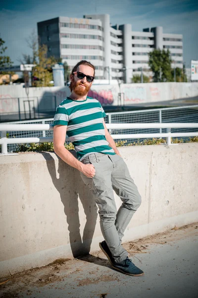 Stylish hipster model with long red hair and beard lifestyle — Stock Photo, Image