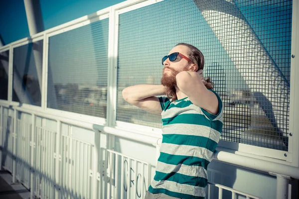 Stylish hipster model with long red hair and beard lifestyle — Stock Photo, Image