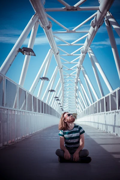 Stylish hipster model with long red hair and beard yoga — Stock Photo, Image