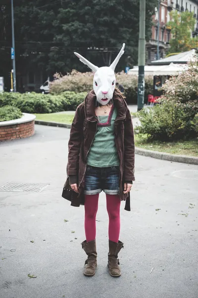 Rabbit head woman — Stock Photo, Image