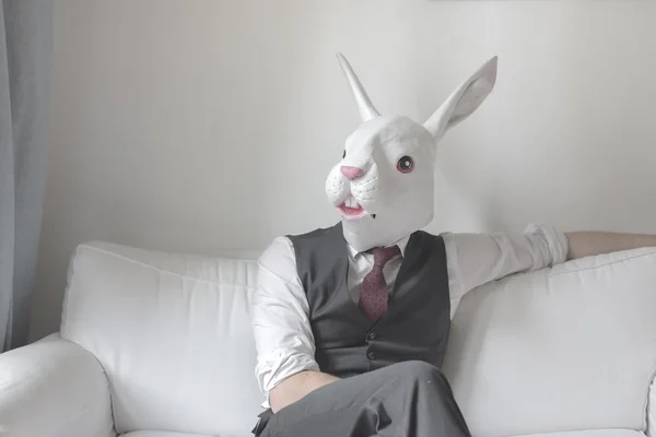 Человек в маске кролика сидит на диване — стоковое фото