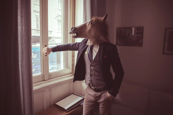 Hombre máscara de caballo en frente de la ventana —  Fotos de Stock