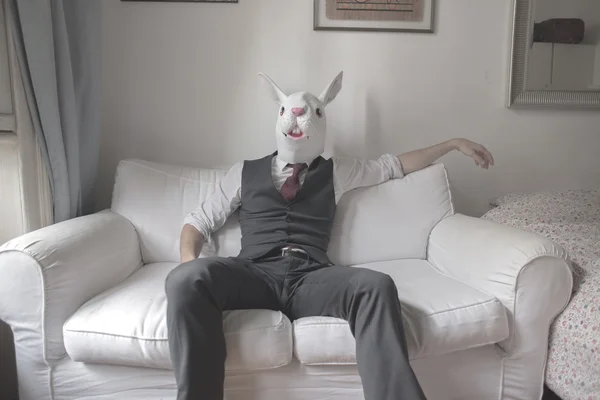 Uomo maschera di coniglio seduto sul divano — Foto Stock