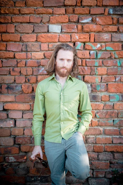 Stylish hipster model with long red hair and beard lifestyle — Stock Photo, Image