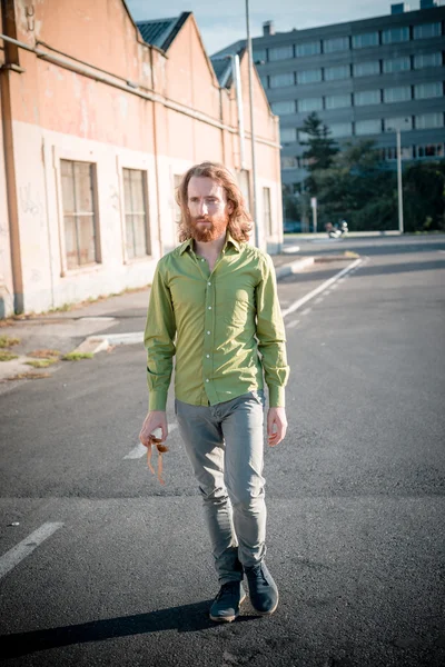 Stylish hipster model with long red hair and beard lifestyle — Stock Photo, Image