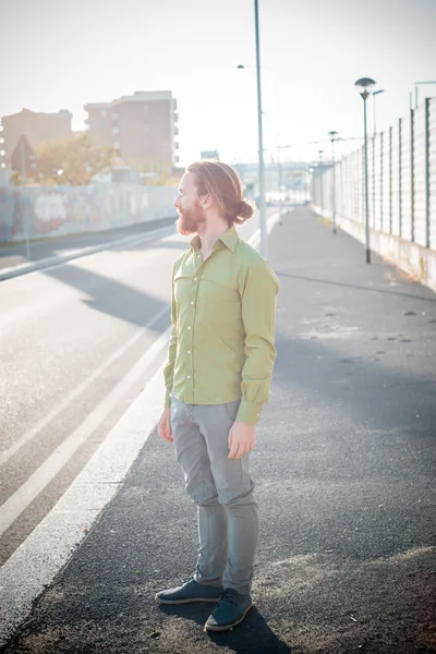 Stylish hipster model with long red hair and beard lifestyle — Stock Photo, Image