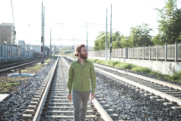 Stylish hipster model with long red hair and beard lifestyle — Stock Photo, Image