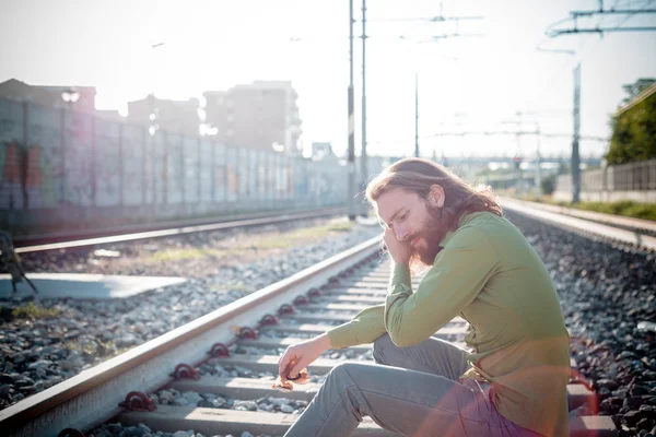 Stylish hipster model with long red hair and beard lifestyle — Stock Photo, Image