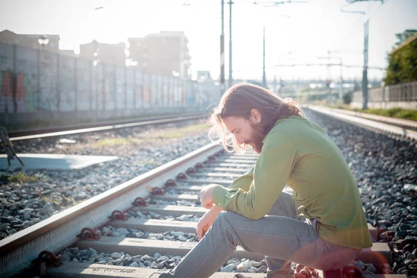 Stylish hipster model with long red hair and beard lifestyle — Stock Photo, Image