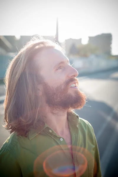 Stylish hipster model with long red hair and beard lifestyle — Stock Photo, Image