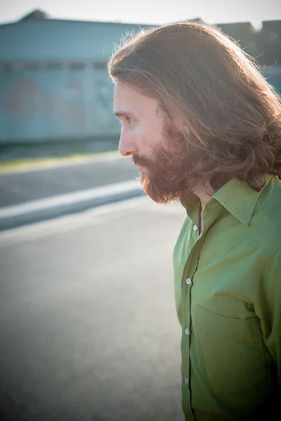 Stylish hipster model with long red hair and beard lifestyle — Stock Photo, Image